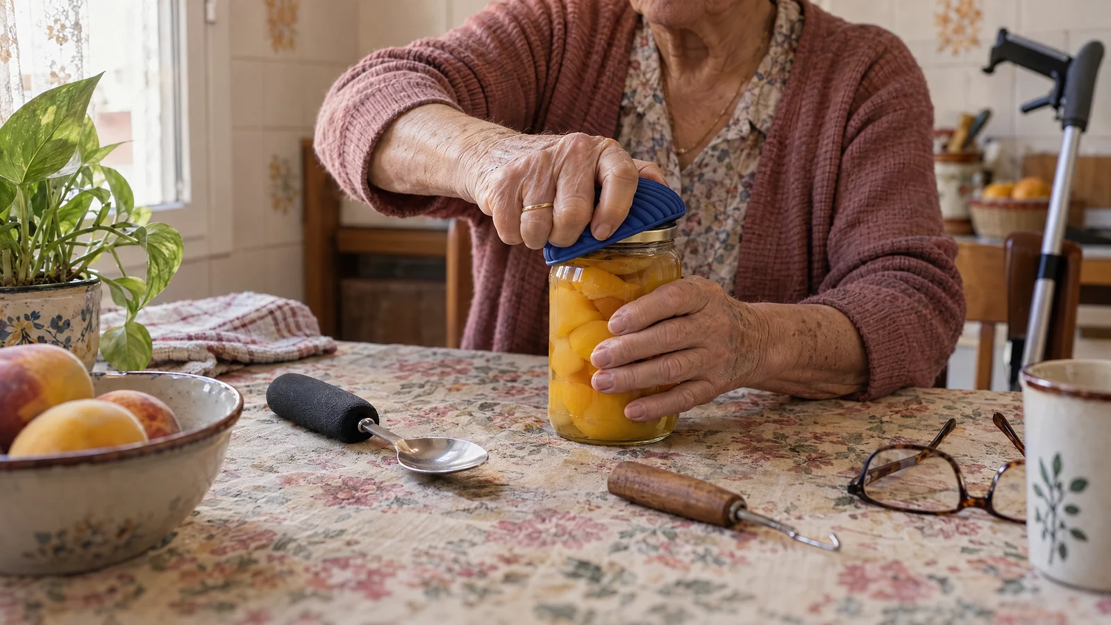 Mujer mayor abriendo un bote de melocotones con un abridor de goma, con una cuchara de mango engrosado y un abrochabotones sobre la mesa de la cocina