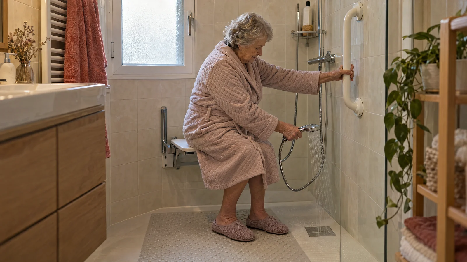 Mujer mayor en albornoz sentada en el asiento abatible de una ducha a ras de suelo, agarrada a la barra de apoyo mientras prueba la temperatura del agua