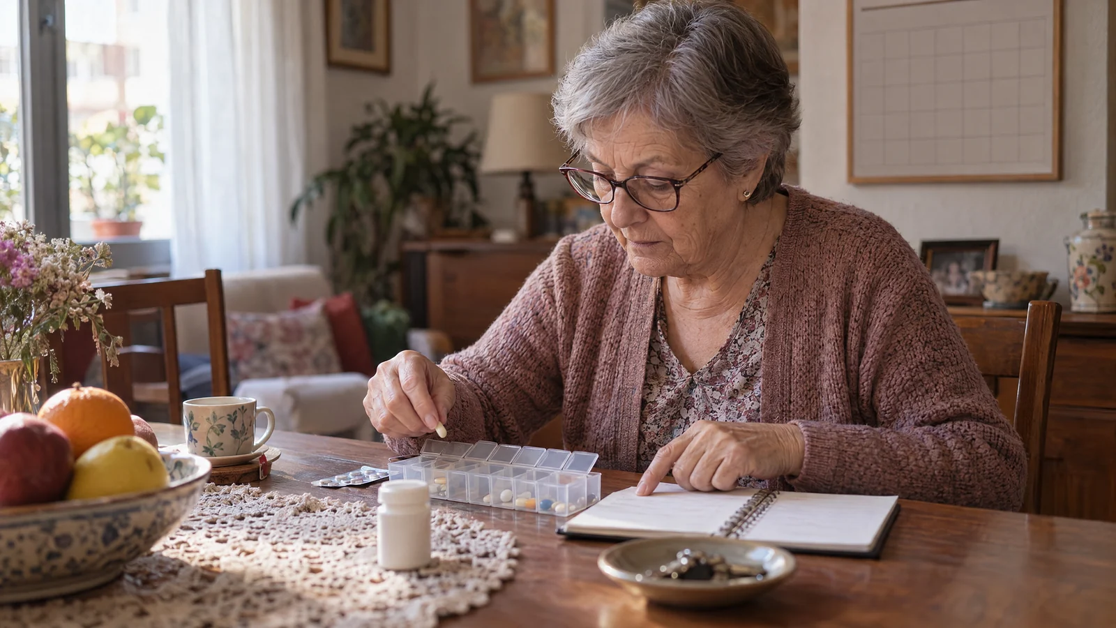 Mujer mayor con gafas preparando su pastillero semanal en la mesa del comedor mientras consulta una libreta