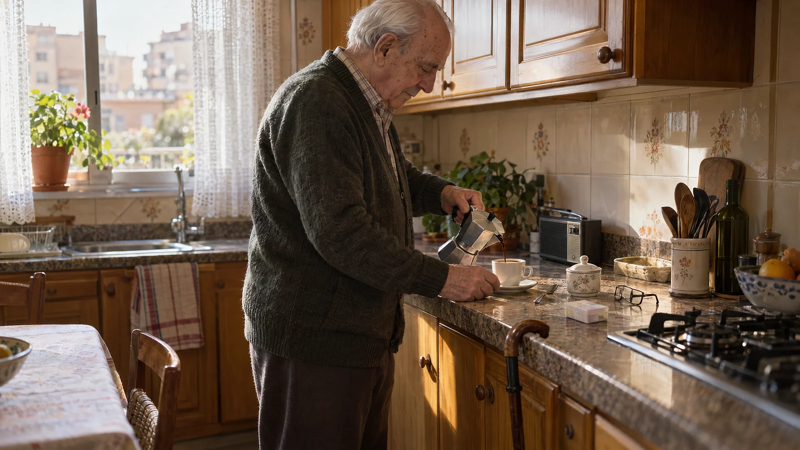 Hombre mayor preparando su café de cafetera italiana en la cocina de su casa, con el bastón colgado de la encimera