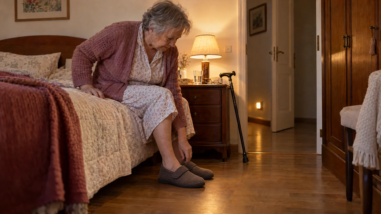Mujer mayor sentada en el borde de la cama poniéndose unas zapatillas cerradas antes de levantarse, con la luz de la mesilla encendida