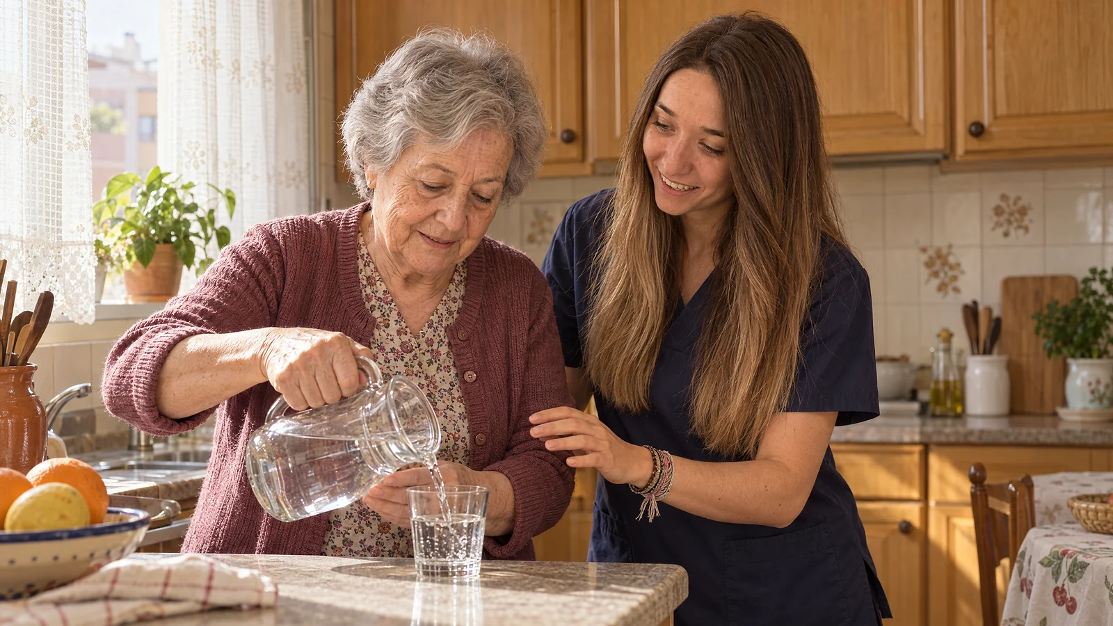 Clara Valor, terapeuta ocupacional, acompaña a una mujer mayor que se sirve un vaso de agua ella sola en la cocina de su casa