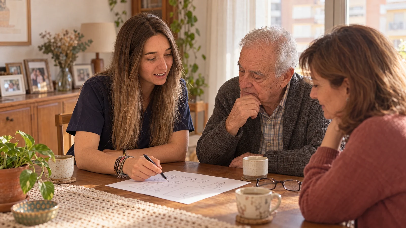 Clara Valor, terapeuta ocupacional, explica el plan de rehabilitación en casa a un hombre mayor y a su hija en la mesa del comedor