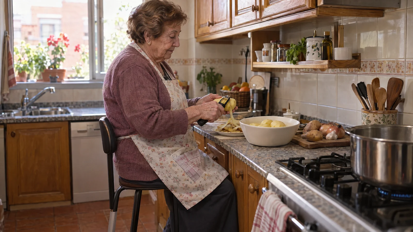 Mujer mayor pelando patatas sentada en un taburete alto junto a la encimera de su cocina adaptada