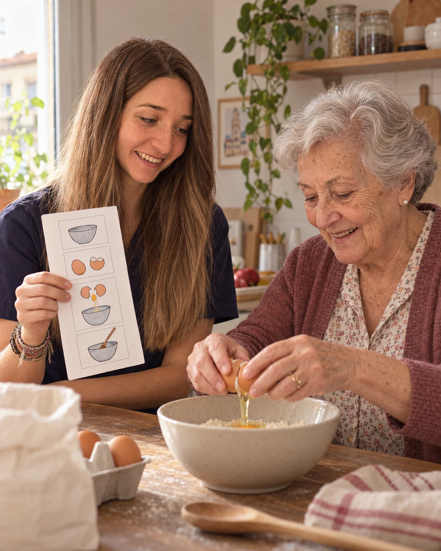 Clara acompaña a una señora mayor a preparar una receta paso a paso con una tarjeta de dibujos
