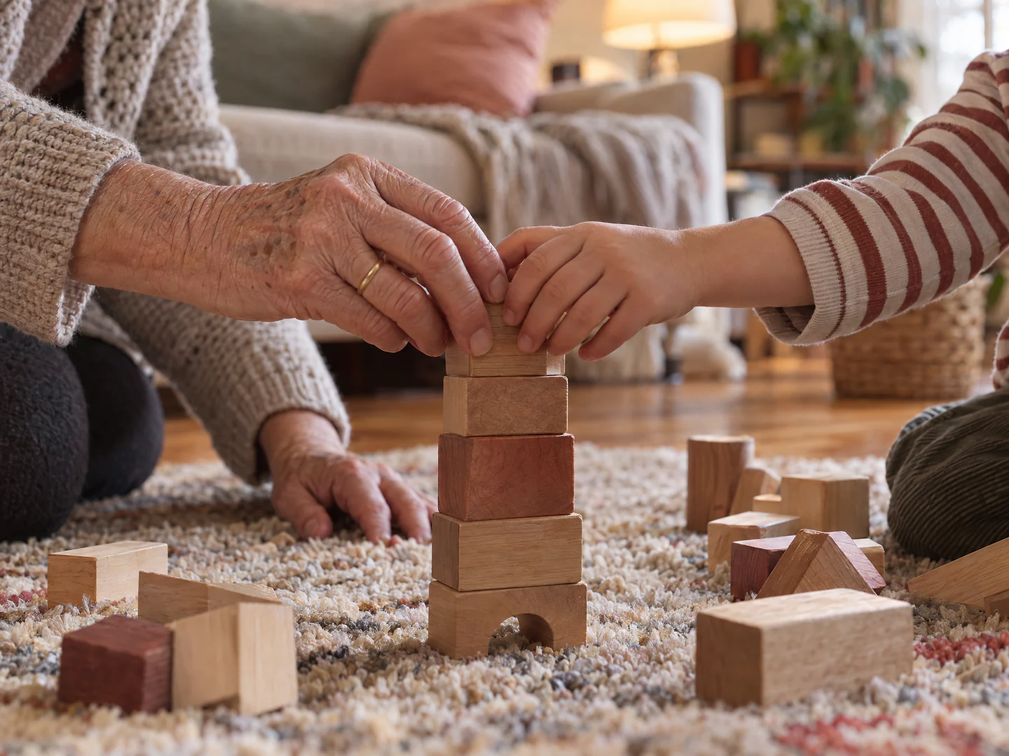 Manos de una abuela y de su nieto construyendo una torre de bloques de madera sobre la alfombra