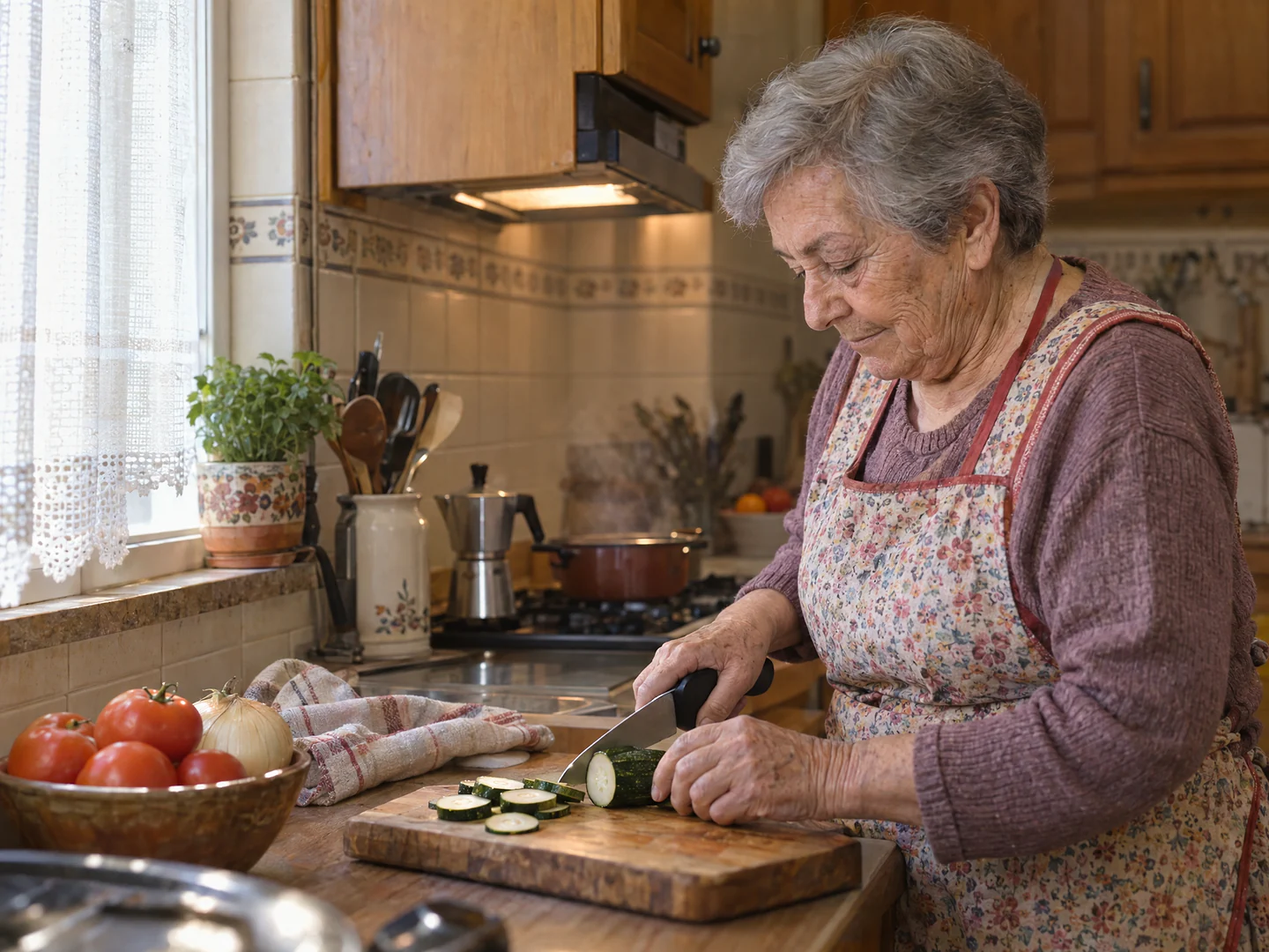 Mujer mayor cortando calabacín con un cuchillo de mango adaptado en la cocina de su casa
