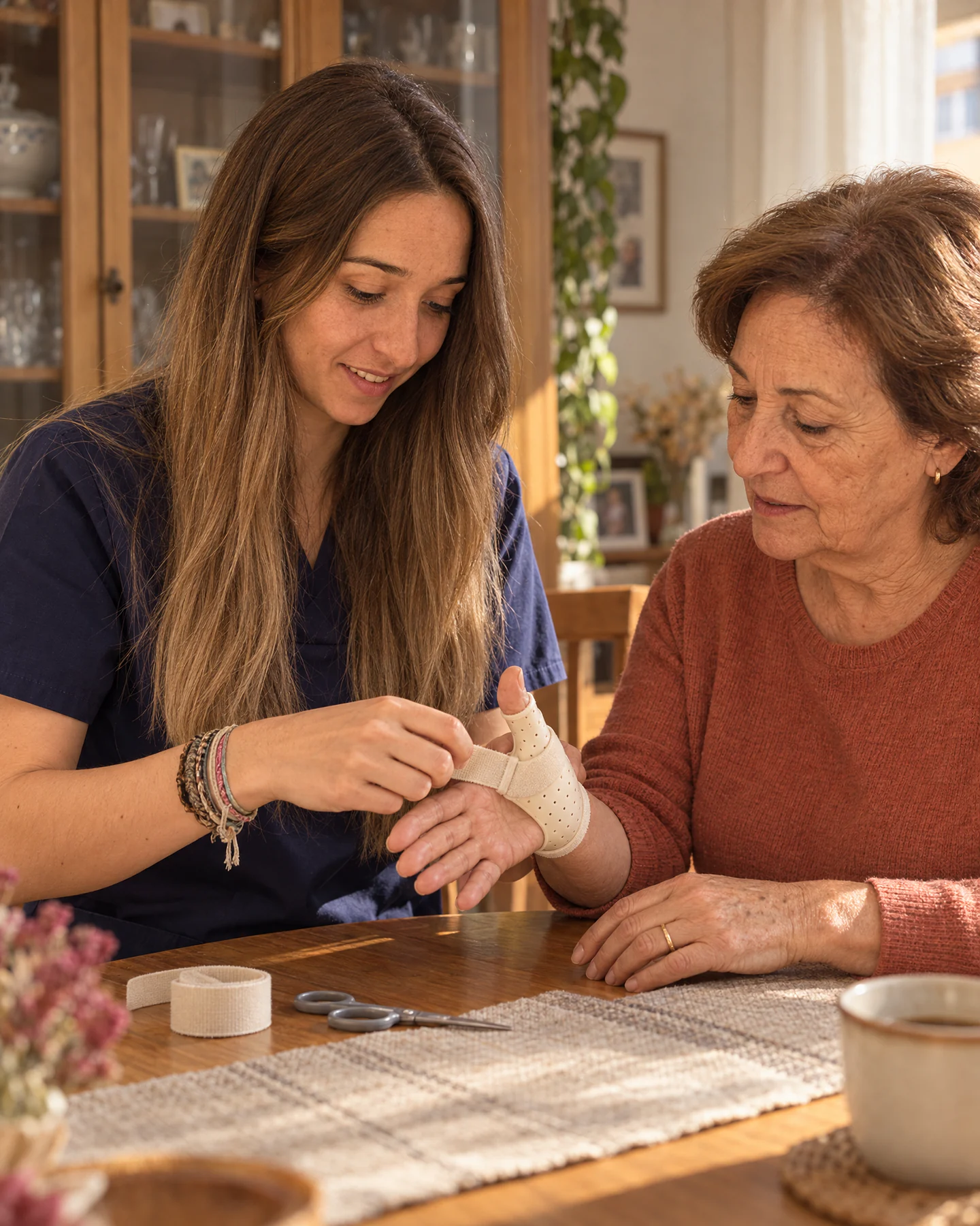 Clara Valor, terapeuta ocupacional, ajusta una férula de pulgar hecha a medida a una señora en la mesa de su salón