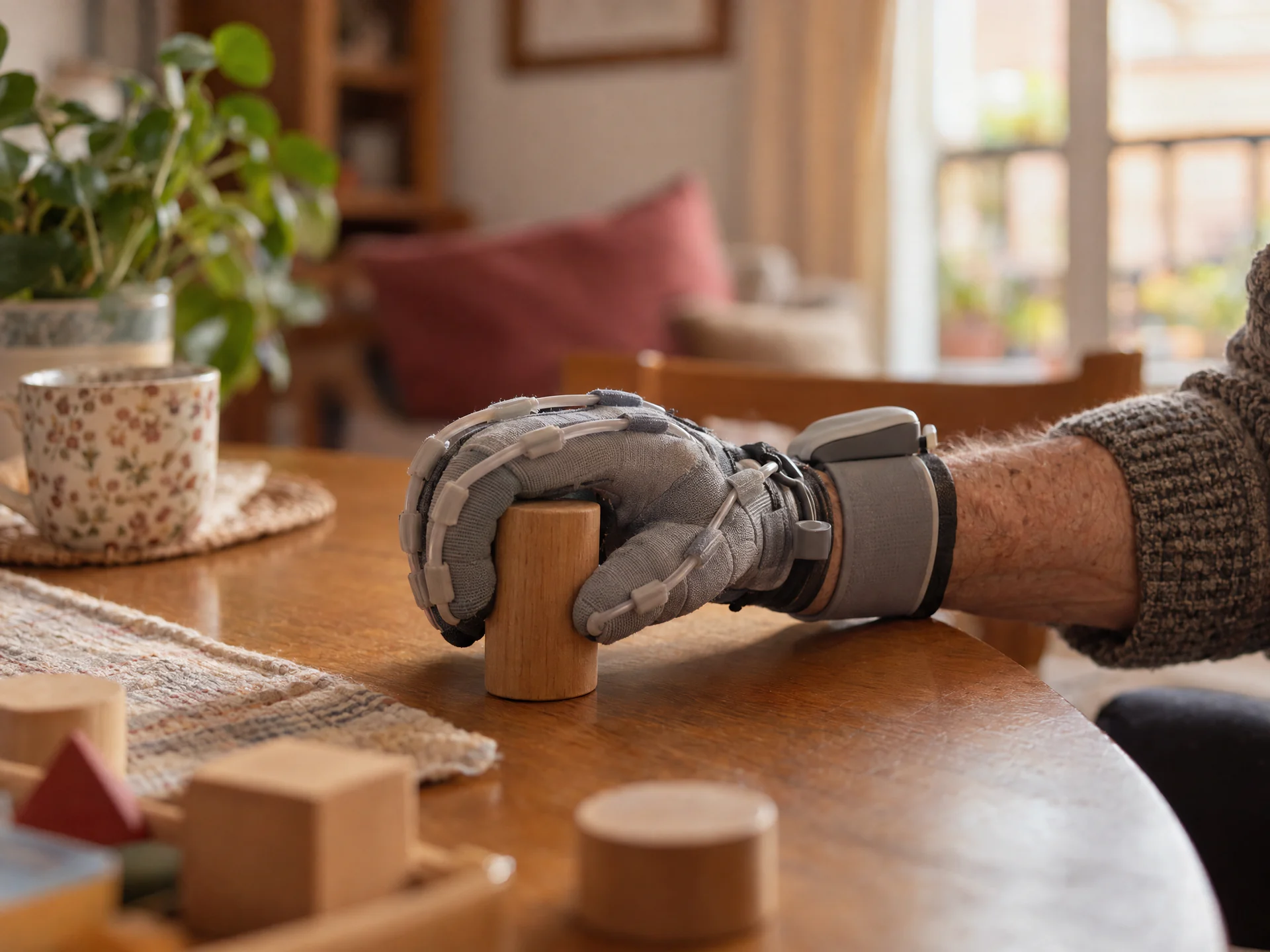 Mano de un hombre con un guante robótico de rehabilitación cerrando los dedos sobre un cilindro de madera en la mesa de su salón