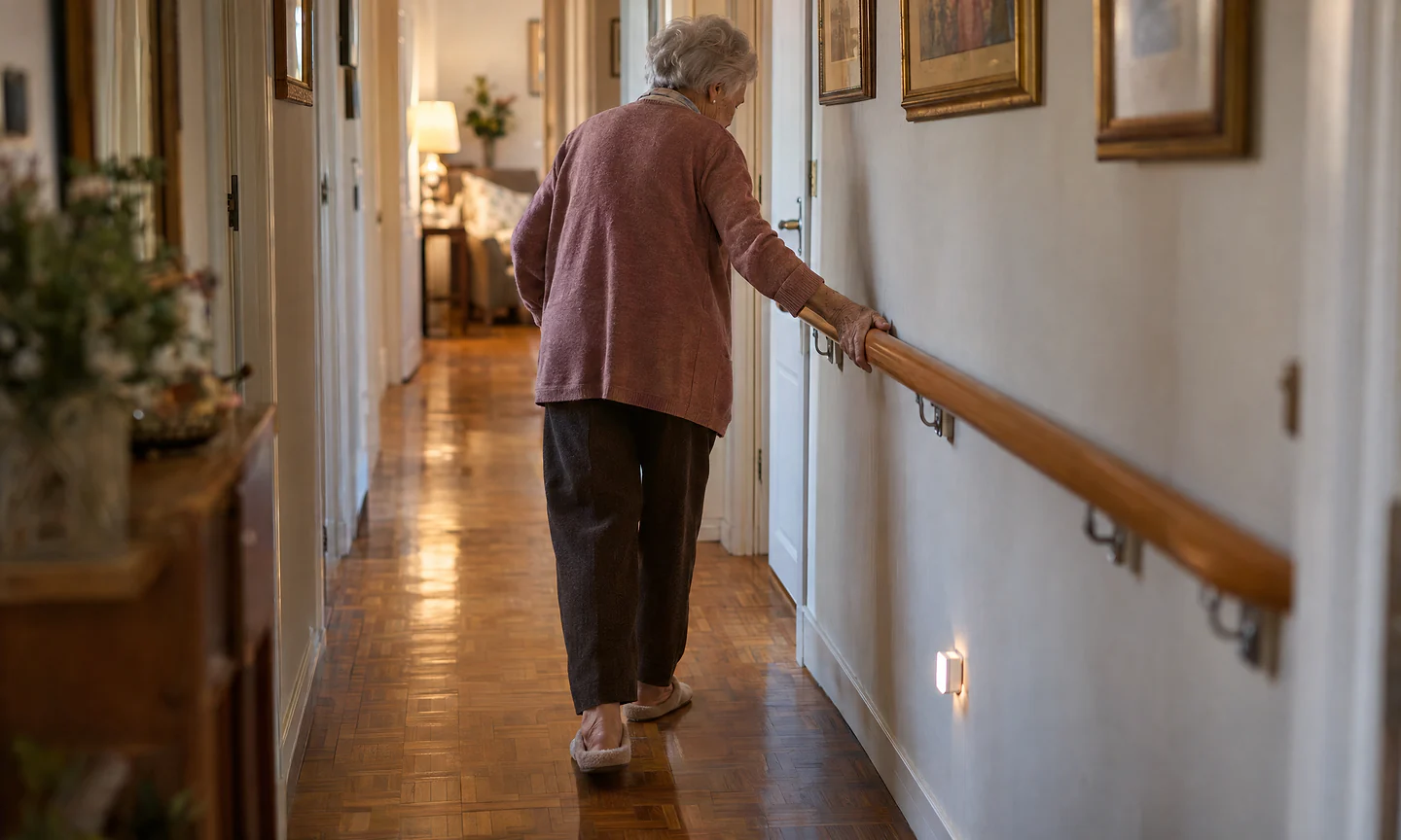 Señora mayor caminando por el pasillo de su casa apoyada en un pasamanos recién instalado