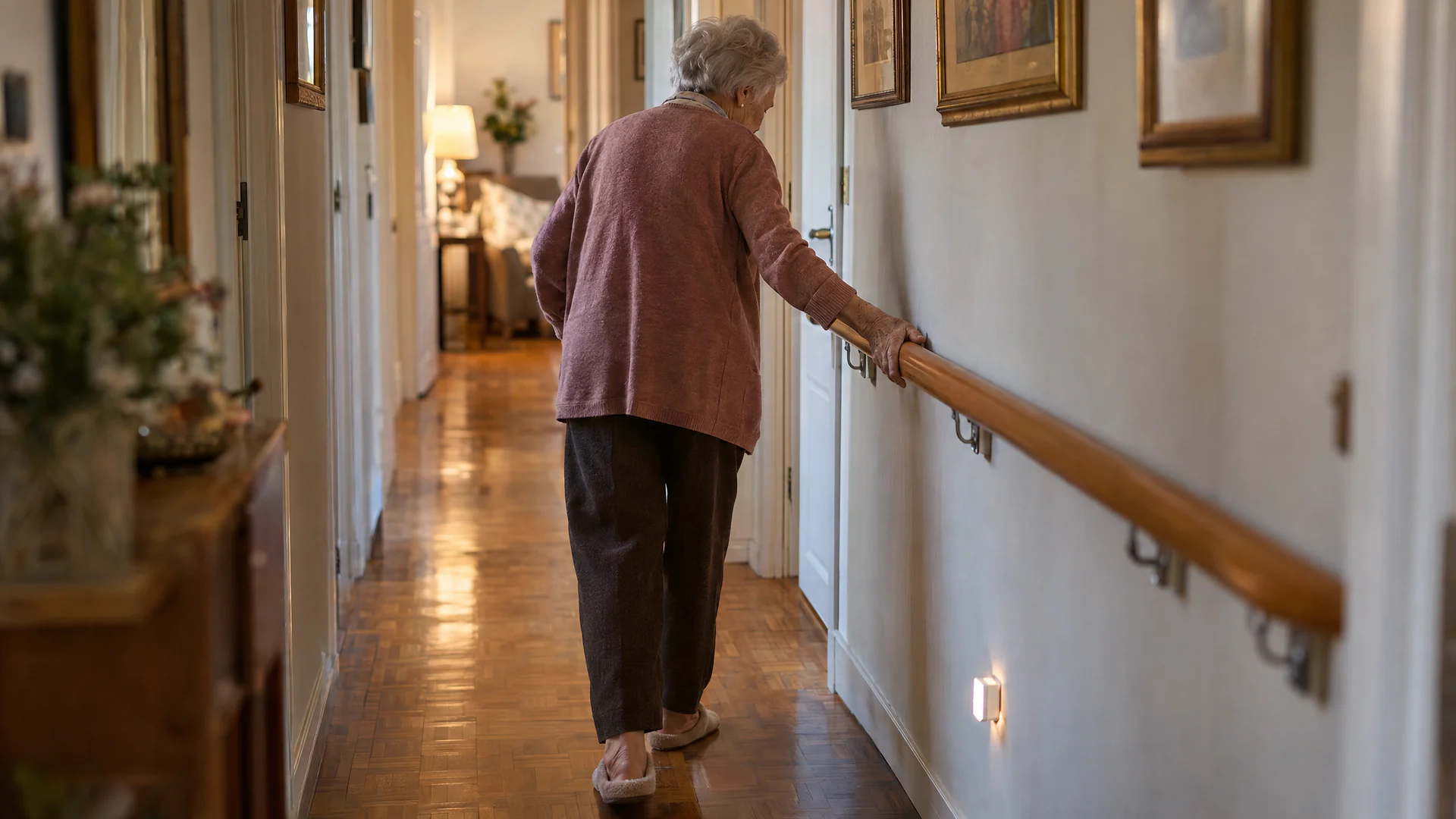 Señora mayor caminando por el pasillo de su casa apoyada en un pasamanos recién instalado