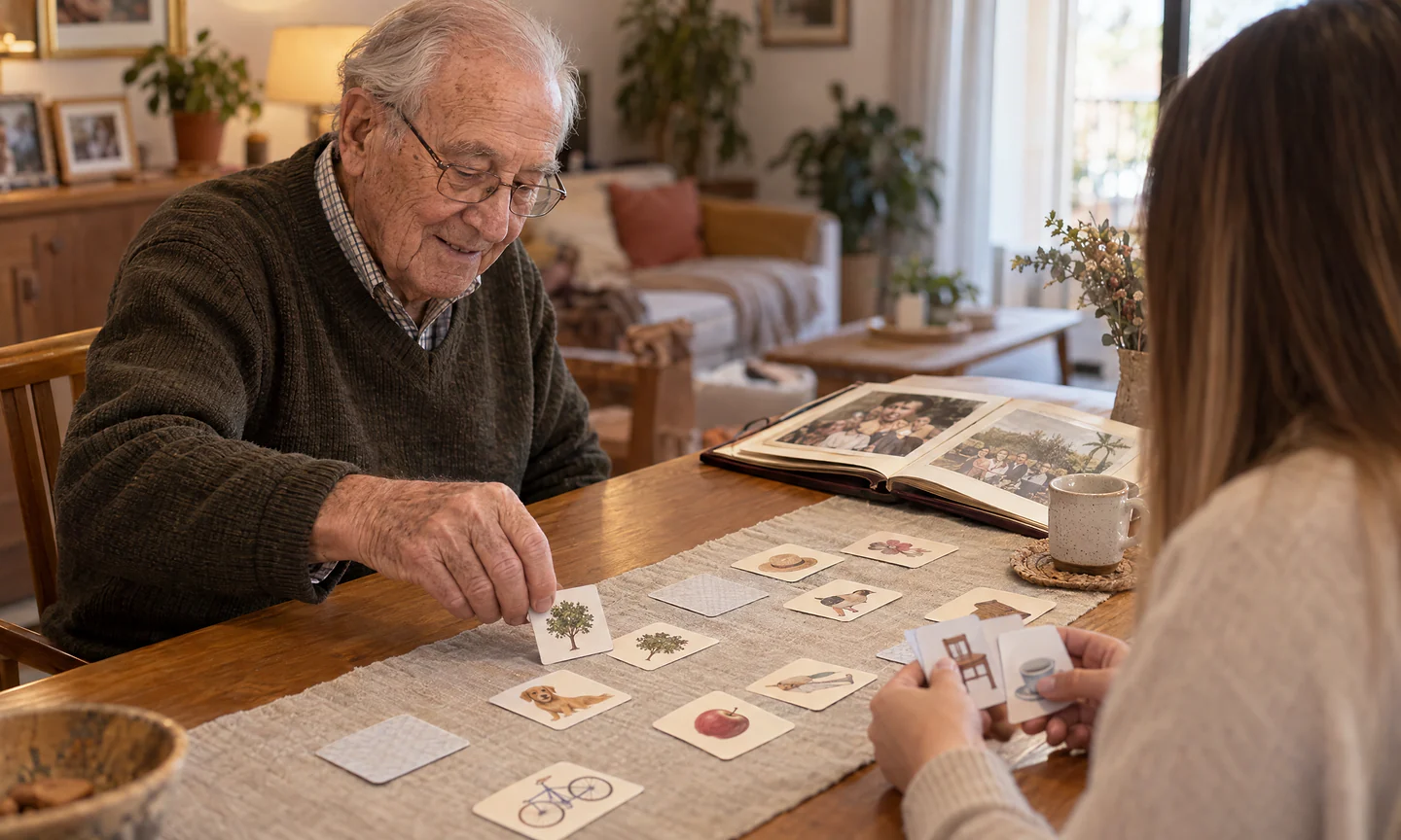 Señor mayor jugando a emparejar tarjetas de memoria con la terapeuta en la mesa del salón