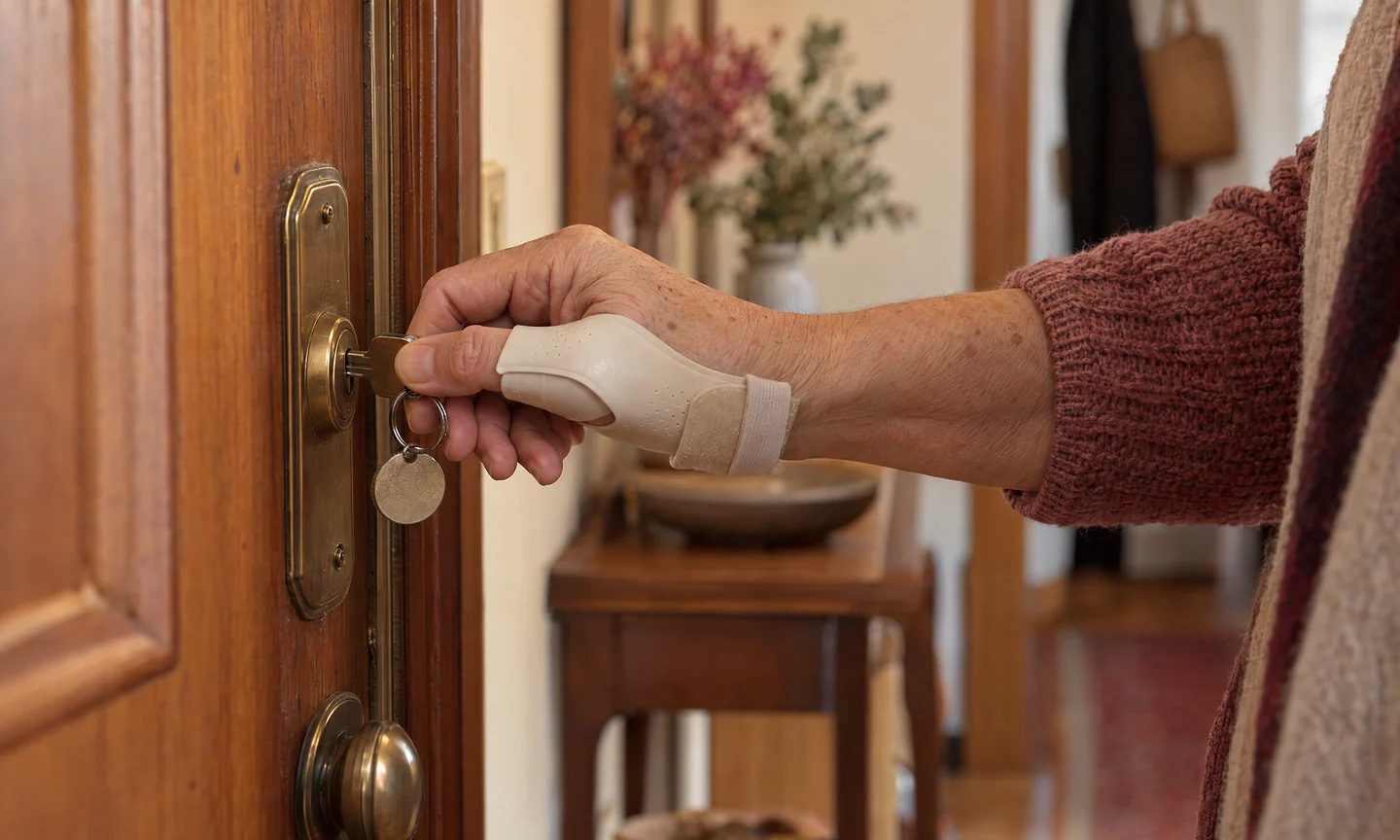Mano de una mujer con una férula de pulgar a medida girando la llave de la puerta de su casa