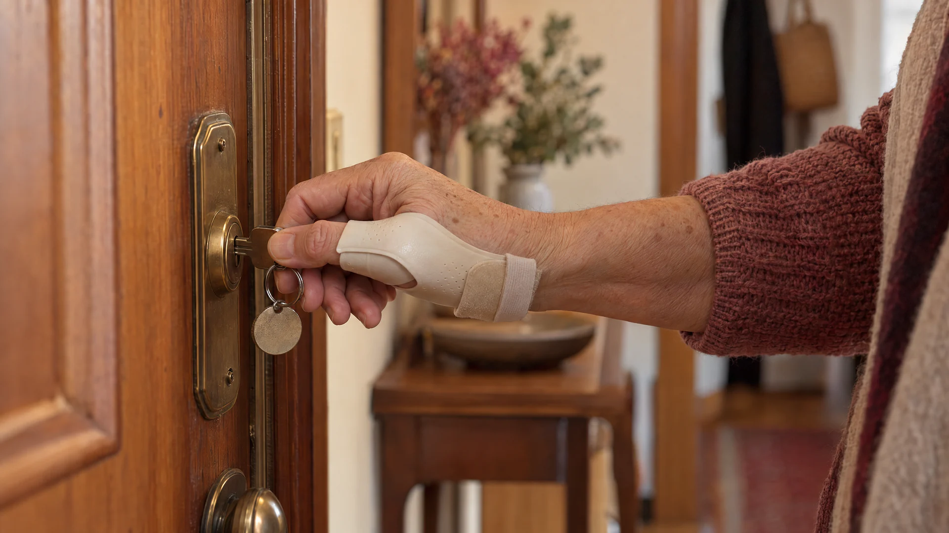 Mano de una mujer con una férula de pulgar a medida girando la llave de la puerta de su casa