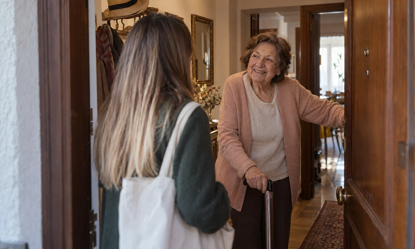 La terapeuta ocupacional llega a casa de una señora mayor que la recibe en la puerta